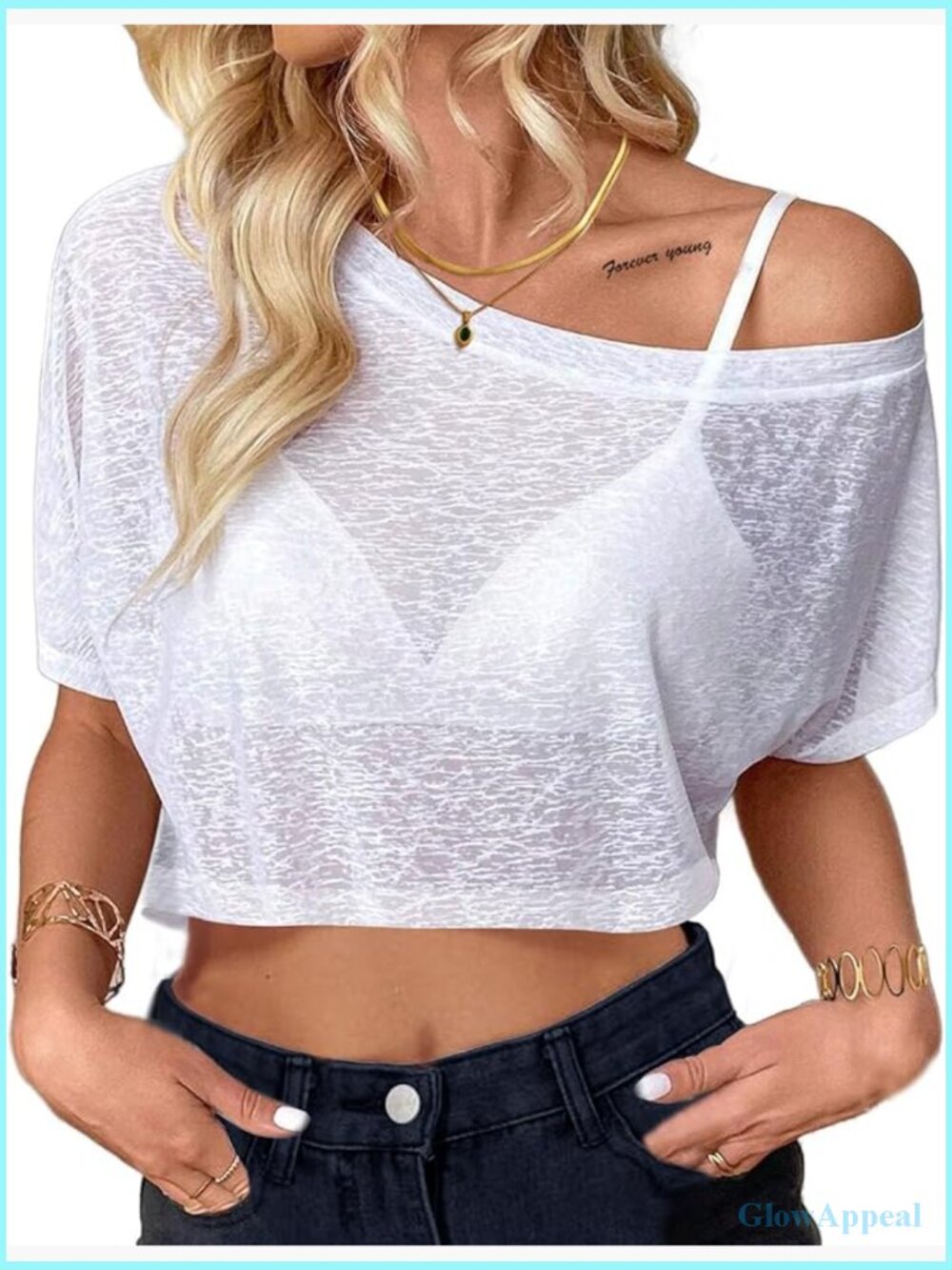 Off The Shoulder Mesh Crop Top Short Sleeve See Through Sexy Tee